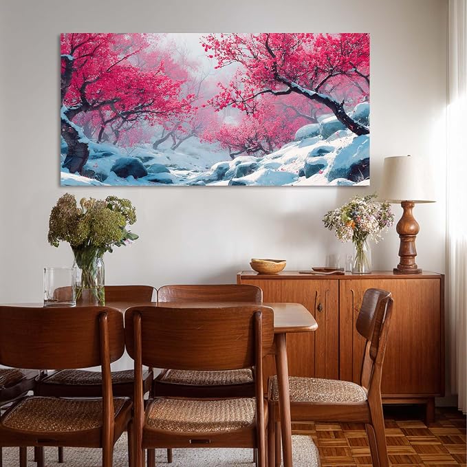 Ggaafet Red Plum Blossom Tree Wall Art for Bedroom Canvas Painting Prints Beautiful Winter Landscape Art Deco Nature Artwork Office Family Dining Room Decor