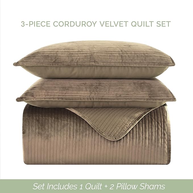 Elegant Comfort Luxury 3-Piece Velvet Corduroy Stripe Quilt Set, Ultra Soft Bedspread - Cozy Velvet Coverlet Set - 3PC Medium Weight Quilted Set with Matching Pillow Shams, Full, Khaki