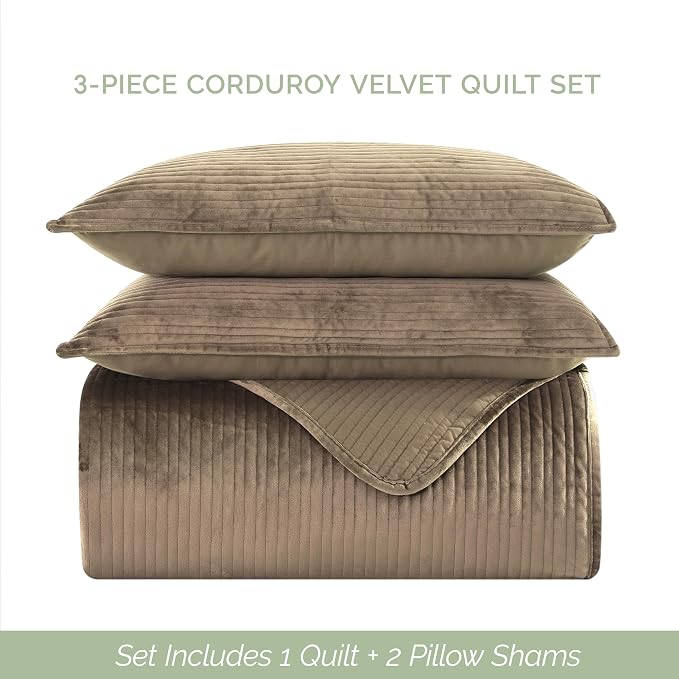 Elegant Comfort Luxury 3-Piece Velvet Corduroy Stripe Quilt Set, Ultra Soft Bedspread - Cozy Velvet Coverlet Set - 3PC Medium Weight Quilted Set with Matching Pillow Shams, King, Khaki