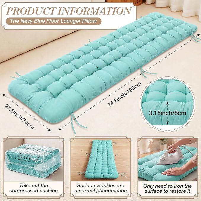 Wenqik Long Floor Cushion Large Floor Cushion with Brushed Cotton 74.8 x 27.5 x 3.15 in Jumbo Lounger Pillow for Outdoor Indoor Bay Window Meditation Yoga Reading Sleeping (Cyan)