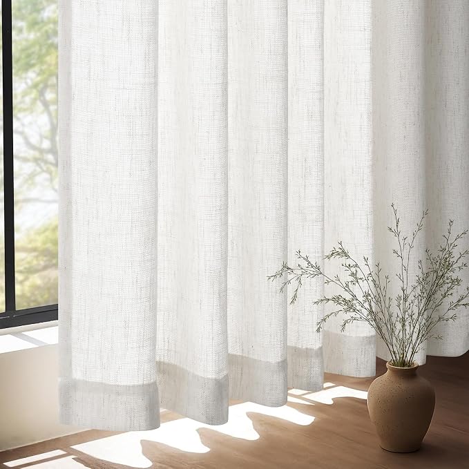 Natural Beige White Linen Curtains 90 Inch Long 2 Panels for Living Room Back Tab Pinch Pleated Semi Sheer Curtain with Hooks Rings Farmhouse Thick Linen Textured Memory Trained Window Drapes