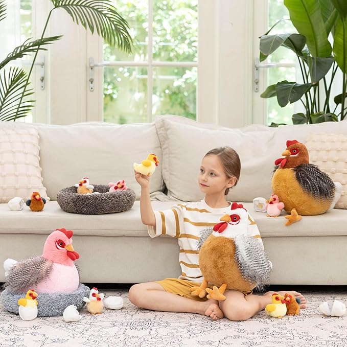 MaoGoLan 8Pcs Chicken Stuffed Animals, Stuffed Laying Hen Chicken Plush Toys with 3 Babies Chickens and 3 Eggs,1 Nest House Plush Set, Cute and Soft Farm Stuffed Animals Gift for Kids,Girls,Boys,Pink