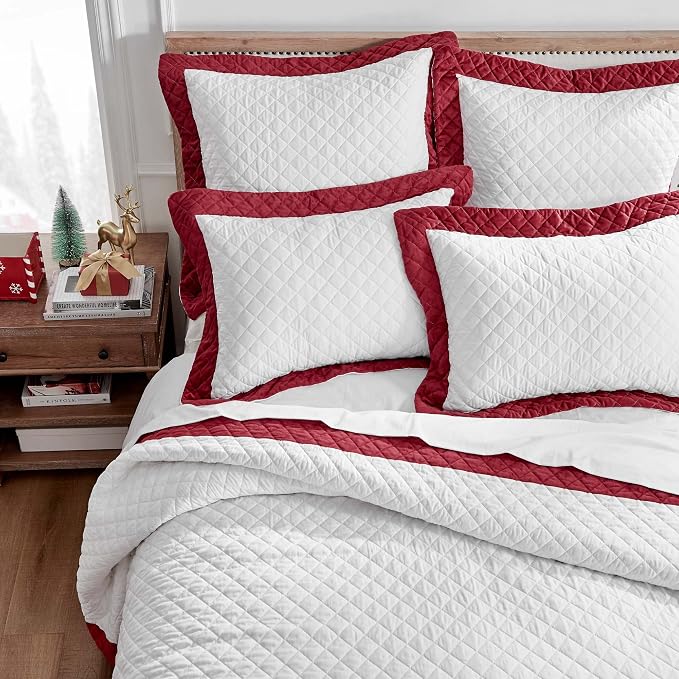 Levtex Home - All is Bright Quilt Set - King Quilt + Two King Pillow Shams - Velvet Border - Red and White - Quilt Size (106x92in.) and Pillow Sham Size (36x20in.) - Reversible - Cotton