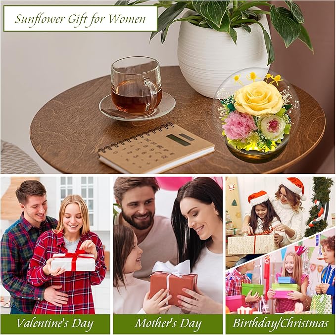 MOKOQI Yellow Rose Birthday Gifts for Women | Mothers Day Gifts for Mom Grandma - Preserved Real Rose in Glass Dome with LED Strip | Fresh Flowers for Delivery on Birthday