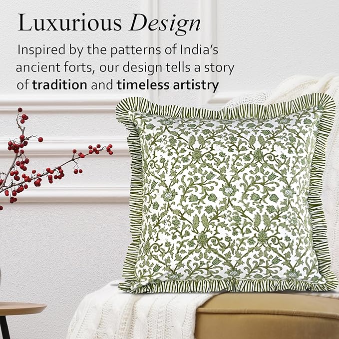 CPC Meadow Vine Hand Block Print 100% Cotton Ruffle Throw Pillow Cover 20x20 inch with Hidden Zipper Decorative for Couch, Bed, Sofa, Farmhouse, Cottagecore Decor Gift Christmas Fall Thanksgiving