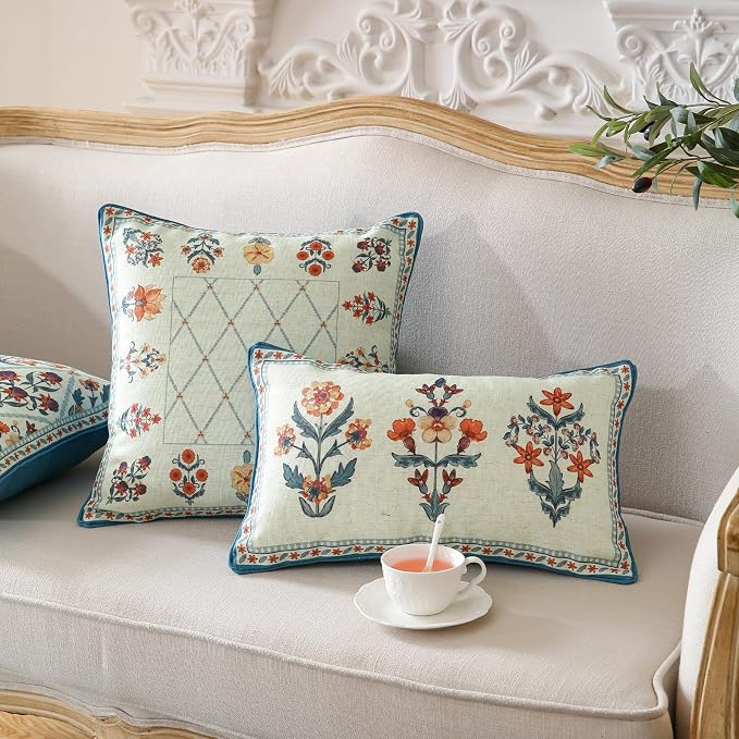 ISAENNE Linen Rectangle Throw Pillow Cover,Set of 2,20"x12"-Floralsea A | Designer French Elegant Pillow Cover,Concealed Zipper Design,Sofa,Bedroom,Living Room,Lounge Chairs,All Season Home Decor
