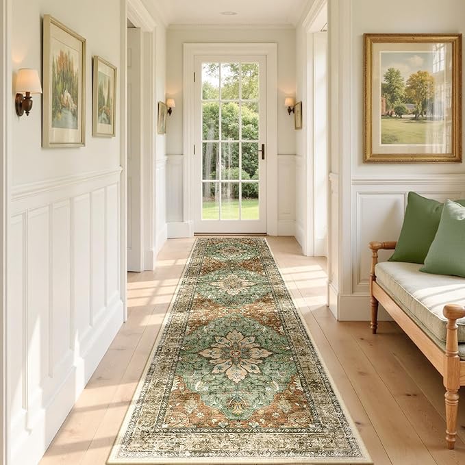 RELEANY Area Rugs 2'x7' Runner Rug Non Slip Washable for Kitchen Hallway Bedroom Beside Laundry Room Bathroom Rug, Floor Carpet, Brick Red Rust Neutral Brown Burnt Orange Green