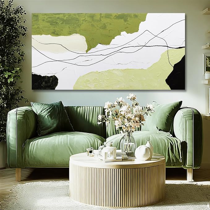 Dolidoteart Green White Black Canvas Wall Art, Hand Painted Abstract Oil Painting, Large Modern Wall Decor for Living Room Bedroom Office, Horizontal 24x48 Inch