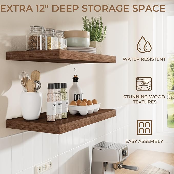 RICHFOCUS 48 Inch 12" D Floating Shelves for Wall 2 Pack Long Wall Shelves for Room Wall|Large Wood Hanging Shelf with Invisible Brackets for Bathroom Bedroom Kitchen Laundry Room, Walnut