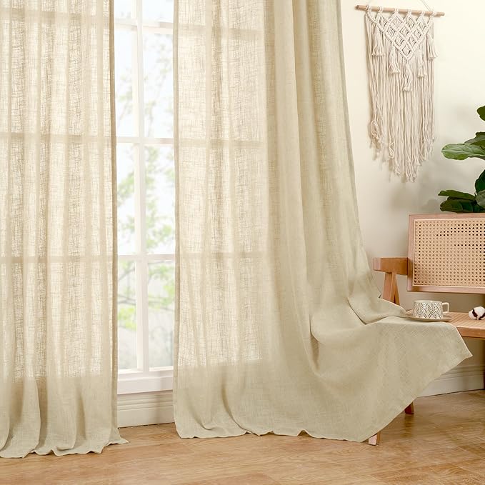 LAMIT Natural Linen Curtains 90 Inch for Living Room, Back Tab and Rod Pocket Linen Textured Sheer Curtains Light Filtering Curtains for Bedroom/French Door, Set of 2, 52 x 90 Inch, Linen