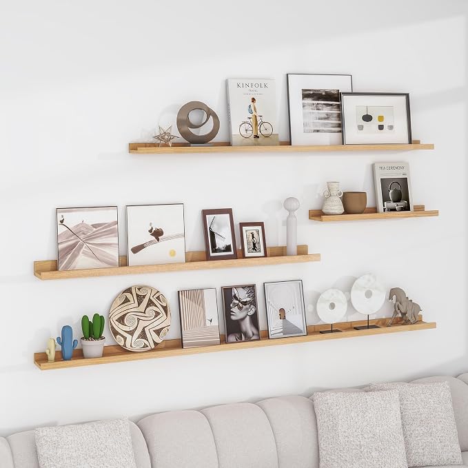 Acovy Solid Ash Wood Picture Ledge Shelf, 72 inch, Natural | Set of 2, Wall Mounted, For Living Room Kids' Room Bedroom