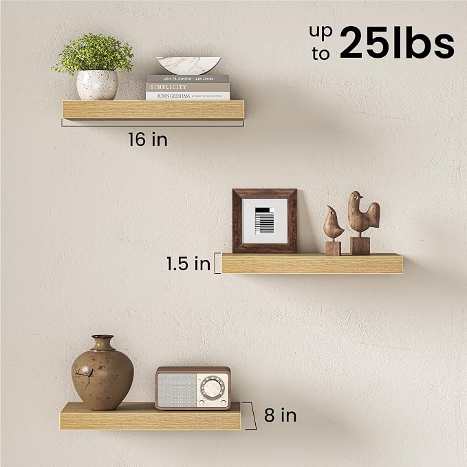 Fun Memories 16Inch Floating Shelves for Wall, 8 Inch Deep Shelves for Bathroom|Bedroom|Kitchen Wall Mounted, Wood Hanging Shelf with Invisible Brackets for Home Storage Decor, Oak - 2 Pack