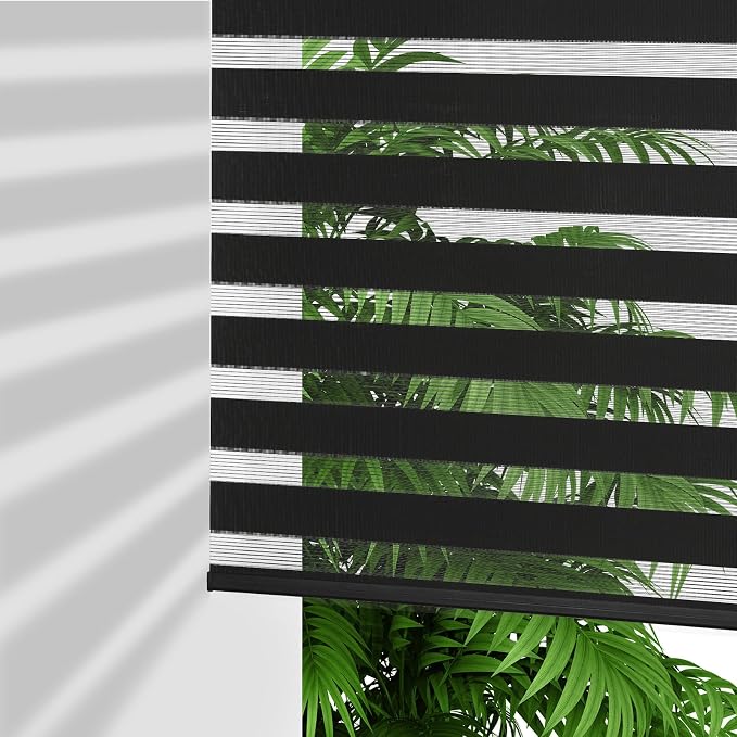 Joydeco Cordless Zebra Blinds (Pro), Dual Layer Light Control Zebra Blinds for Windows, Light-Proof Aluminum Cover, Free-Stop Roller Shades for Home & Office (Black,Custom Size)