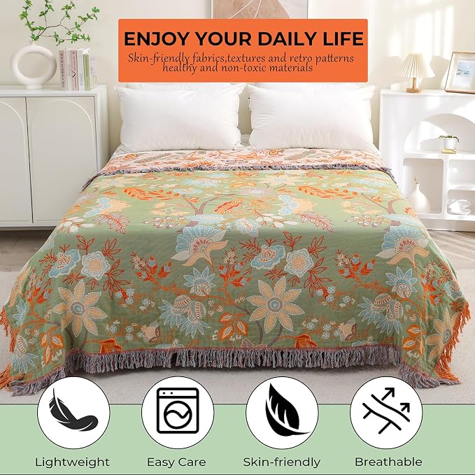 Boho Fall Throw Blanket for Bed,100% Ultra Cotton Soft Breathable Bed Throw Floral Decorative Cottage Farmhouse Decor Rustic Jacquard Bed Throws for Couch Sofa Quilt 60" x 80"-Orange& Sage Green