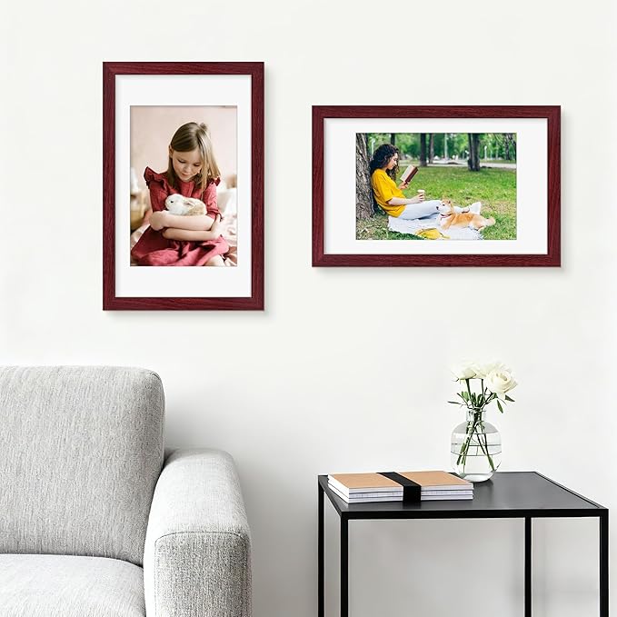 Picrit 11x17 Picture Frame Set of 12, Display 8x12 with Mat or 11x17 without Mat, Photo Frames for Wall Mounting Display, Dark Red Wood