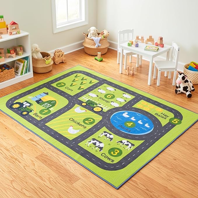 John Deere Interactive Play Area Rug, 69 x 52 Inch Large Kids Farm Playmat with Tractor & Animals, Non-Slip Backing for Bedroom & Playroom (100% Officially Licensed Product) by Franco