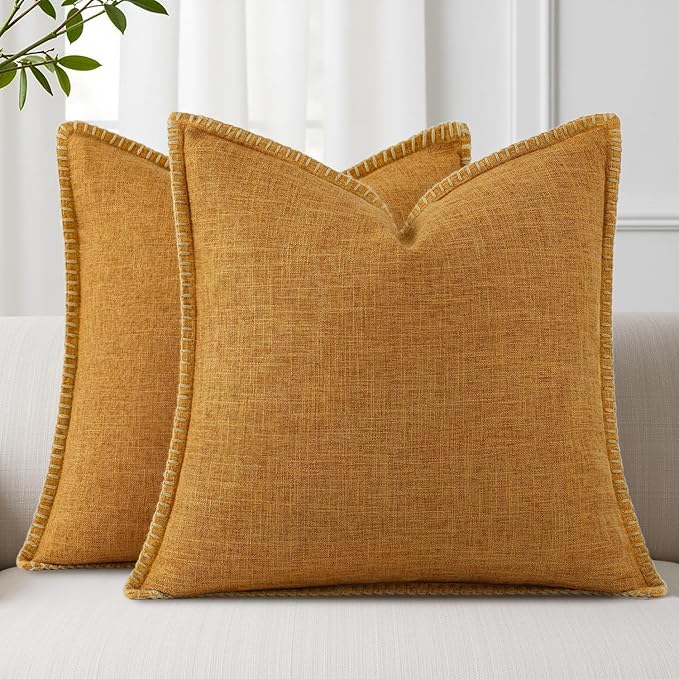 decorUhome Summer Decorative Throw Pillow Covers 24x24 Set of 2 Square Faux Linen Outdoor Neutral Farmhouse Euro Sham Pillow Covers with Stitched Edge for Couch Sofa Living Room, Bronze Gold
