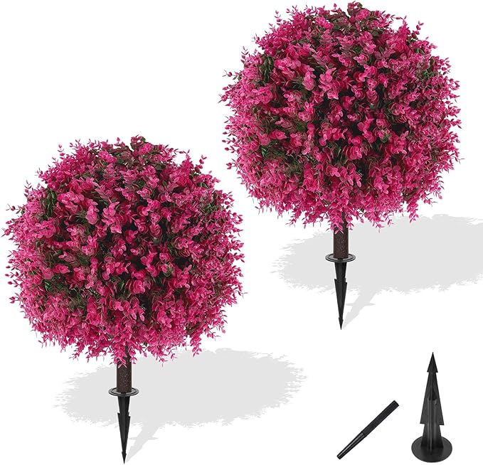Yangrass Artificial Pink Eucalyptus Topiary Ball Trees with Ground Spike, Set of 2 UV Resistant Artificial Shrubs, Fake Evergreen Artificial Plant Bushes for Indoor Outdoor Front Porch Garden