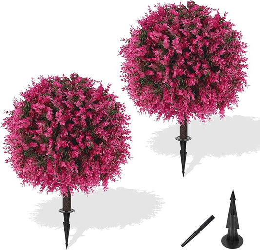 Yangrass Artificial Pink Eucalyptus Topiary Ball Trees with Ground Spike, Set of 2 UV Resistant Artificial Shrubs, Fake Evergreen Artificial Plant Bushes for Indoor Outdoor Front Porch Garden