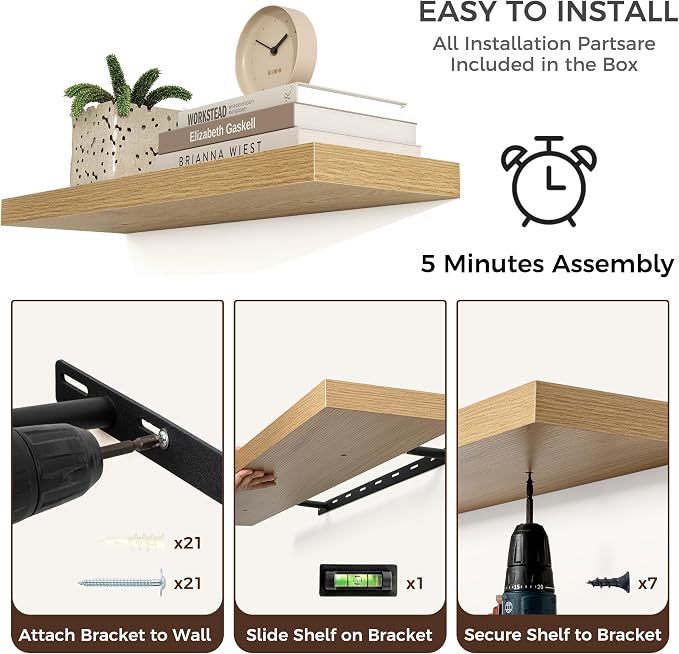 Venusmiles 48" Wide x 9" Deep Floating Shelves for Wall, Oak Finish, 2-Pack | Engineered Wood Wall Shelves with Invisible Brackets for Living Room, Bedroom, Bathroom, Office & Kitchen Storage