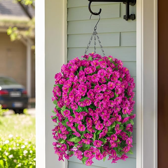 Ammyoo Artificial Faux Hanging Flowers Basket for Spring Summer Outdoor Porch Decoration, Fake Silk Colorful Morning Glory Eucalyptus in Planter UV Resistant for Home Balcony Yard(Red Purple)