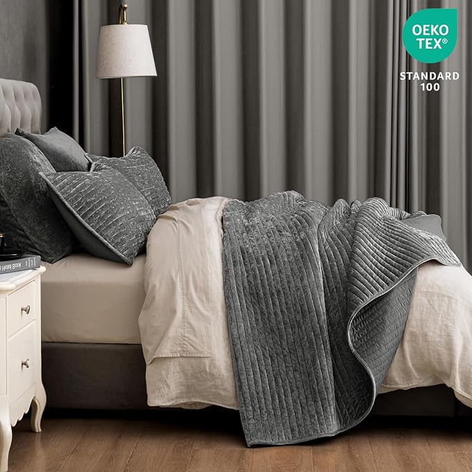 PHF Luxury Velvet Quilt Set King Size – 3PCS Ultra Soft Quilted Comforter Alternative with Striped Channel, Cozy Quilted Bedspread, 1 Coverlet with 2 Matching Shams, 108" x 92", Grey