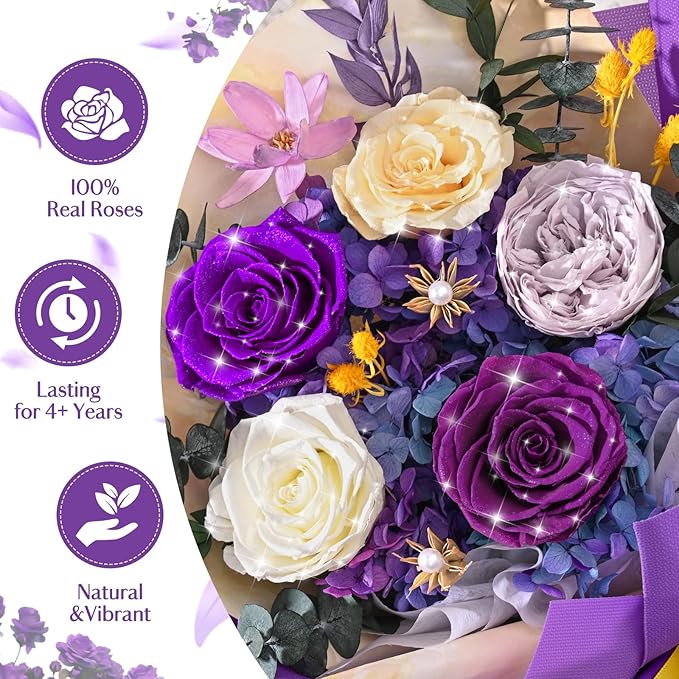 5 Pcs Glitter Purple Preserved Roses Flowers Bouquet, Forever Rose Flowers for Delivery, Birthday Gifts for Women, Long-Lasting Red Roses with Vase Gift Box, Forever Flowers for Wife Mothers Day