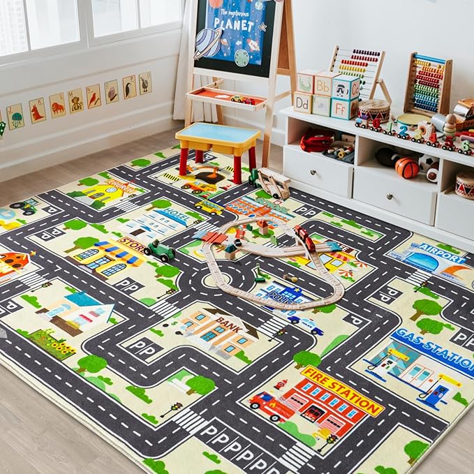 Car Rug Play Mat for Kids Toy Cars, City Road Traffic Playmat for Kid Bedroom, Non-Slip Machine Washable Kids Rugs for Learn and Have Fun 4'x5'/ 48"x60", Beige