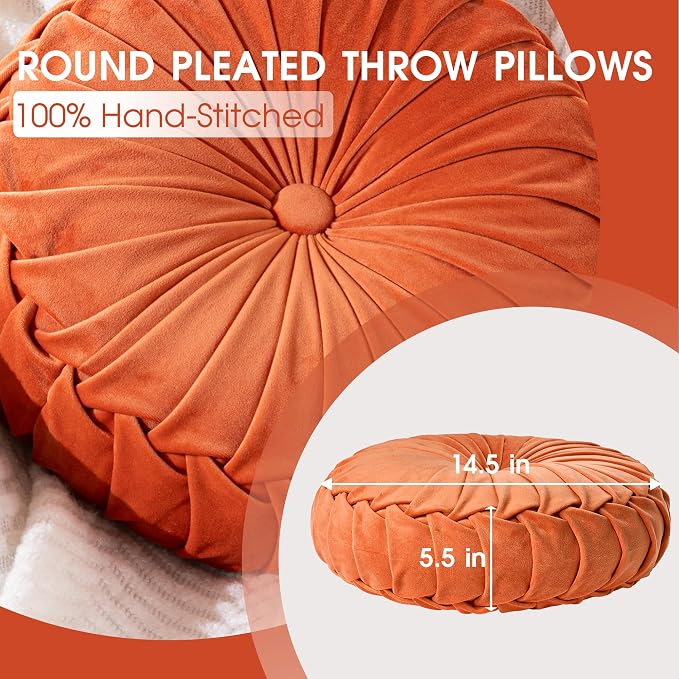 ROSE&RISY Round Pleated Velvet Throw Pillows, 2 Pack Decorative Accent Pumpkin Pillow Cushion for Couch Sofa Bed, Soft Plush Retro Vanity Throw Pillows for Home Decor, 14.5 Inch, Orange