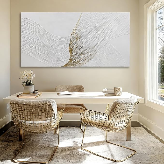 Hue7Art Modern Minimalist White and Gold Textured Canvas Wall Art Abstract Line Artwork Hand Painting for Living Room Bedroom Office Neutral Home Decor 24x48 Inch