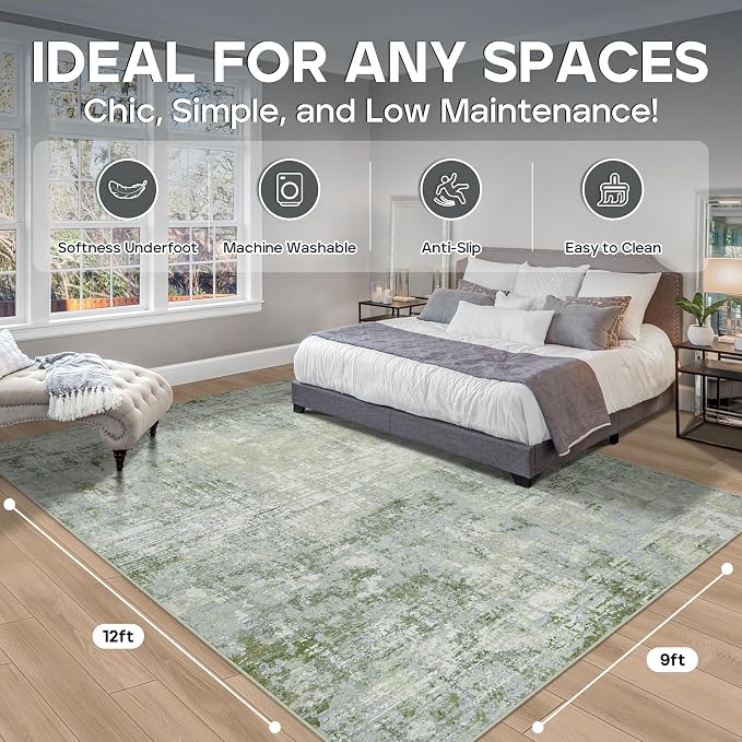 9x12 Area Rugs for Living Room Rug Washable: Modern Large Rug for Dining Room Bedroom Carpet Non Slip 9 by 12 Indoor Abstract Nursery Home Office Green