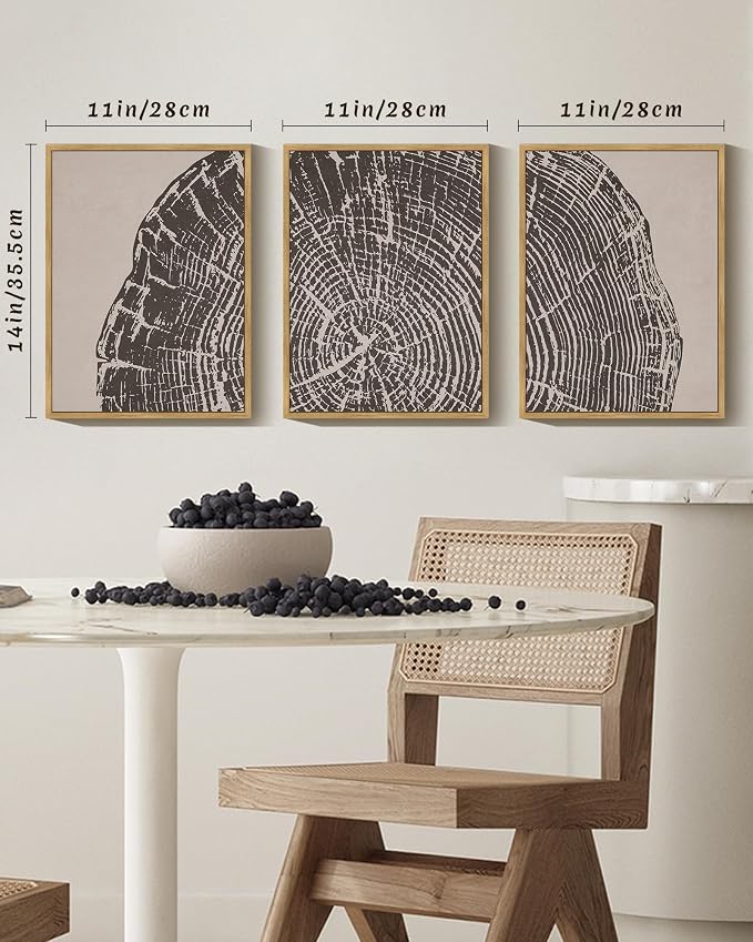 PHOPAGO Farmhouse Vintage Framed Wall Art Set Gray Wood Tree Ring Spirals Nature Abstract Drawings Rustic Modern Art Decor for Living Room Bedroom - 11x14in Natural Framed