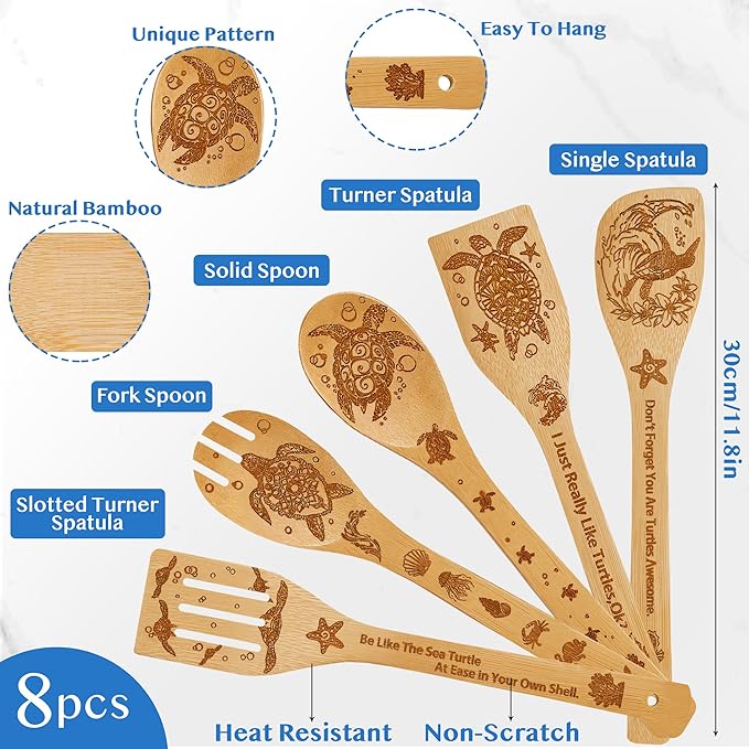 Sea Turtle Gifts for Women,8PCS Coastal Bamboo Cooking Utensil Spoon with Apron Oven Mitt Potholder for Kitchen Decor,Ocean Themed Stuff for Turtle Lovers,Mom,Easter,Housewarming,Birthday Gifts