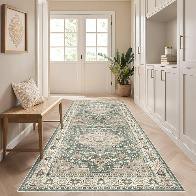 Runner Rug Kitchen Washable Rugs: 2x6 Non-Slip Abstract Soft Modern Stain Resistant Indoor Floor Neutral Accent Throw Carpet for Hallway Bathroom Laundry Room Entryway Bedroom- Green