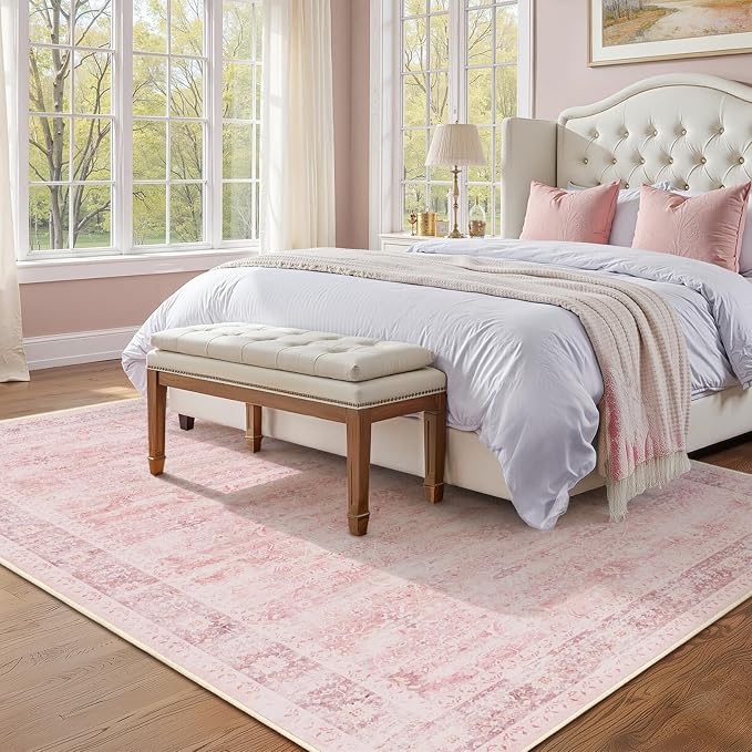 5x7 Pink Rug for Nursery, Thin Washable Rugs for Kids Room Playroom, Distressed Aesthetic Area Rugs for Bedroom Girls Dorm Romantic, Non Slip Carpet Rug for Living Room Dining Room Home Office