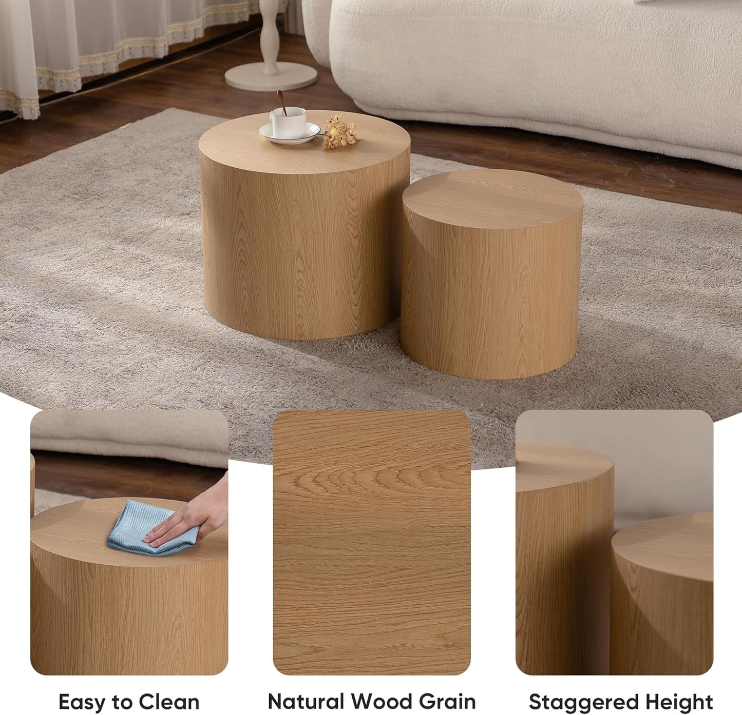 Nesting Round Coffee Table Set of 2, Small Circle Accent End Table for Small Spaces, Morden Drum Side Table, Wooden Center Table for Living Room, Fully Assembled - Natural
