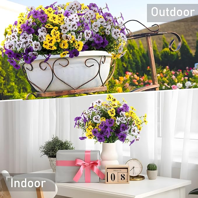 Rowfad 36 Pcs Artificial Fake Pansy Flowers for Outdoor, Faux Silk Pansies Spring Flowers for Outside for Planter Front Door Porch Yard Patio Window Box Home Decor (36, Purple, Yellow, White)