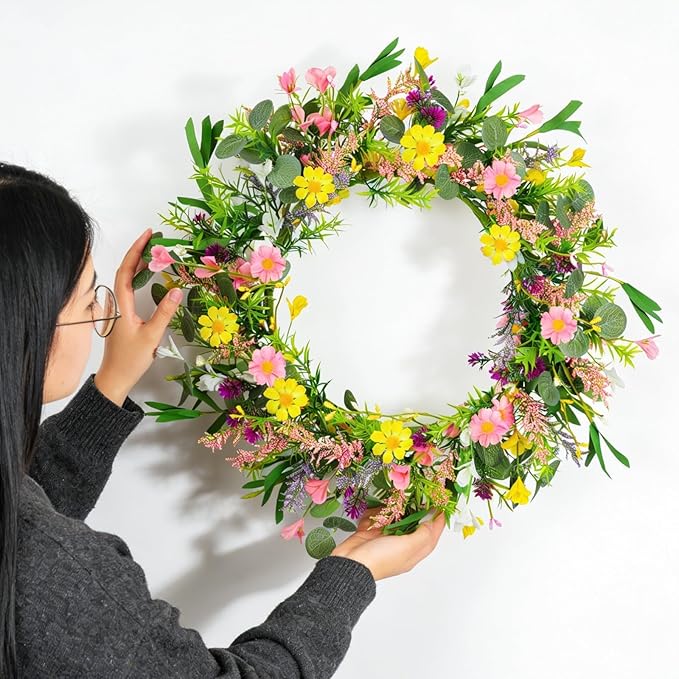 20 Inch Artificial Spring Wreath Handmade Wildflower Daisy Lavender Wreath Colorful Spring Wreath for Front Door Home Wall Porch Farmhouse