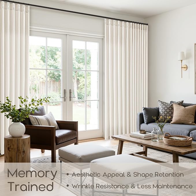 Pinch Pleated Linen Curtains 70 Inch Wide 1 Panel for Living Room Large Windows Farmhouse Light Filtering Linen Textured Natural Door Curtains with Rings 92 Inches Long Shaped Drapes for Sliding Door