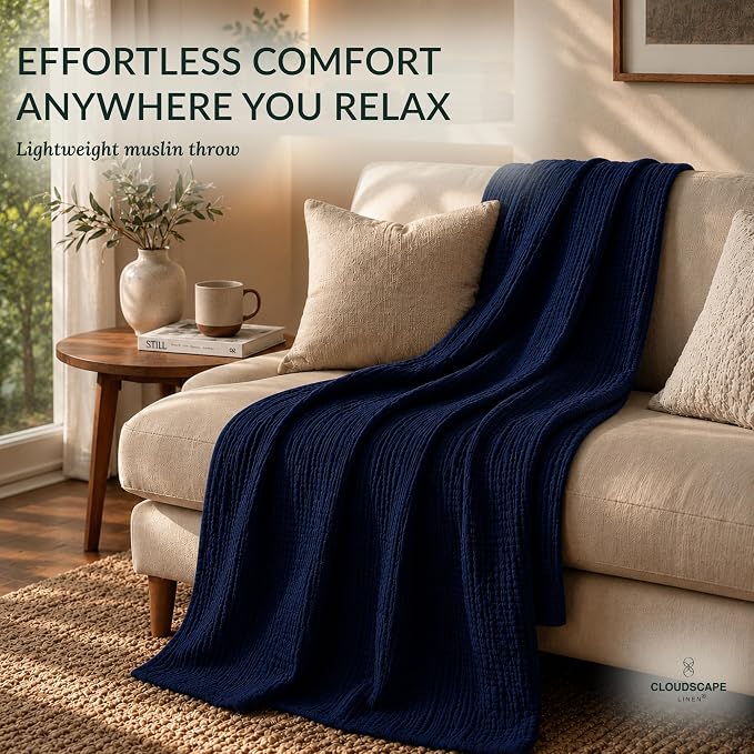CLOUDSCAPE 4 Layer Muslin Blanket for Adults - 100% Cotton Throw Blanket - 50"x70" Oversized Gauze Throw for Sofa, Couch - Soft Lightweight Breathable Muslin Cotton Throws for Summer - Ensign Blue