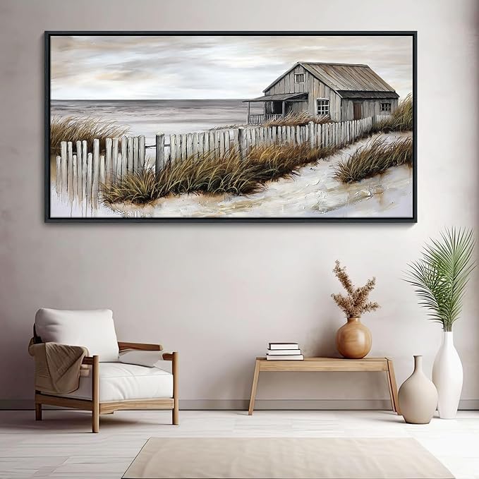 YDYSUNE Village Coastal Wall Art for Living Room - Retro Beach Fenced House Large Canvas Wall Decor for Home Artwork Painting Print for Bedroom Decoration Kitchen Office Picture Framed 29x58 Inches