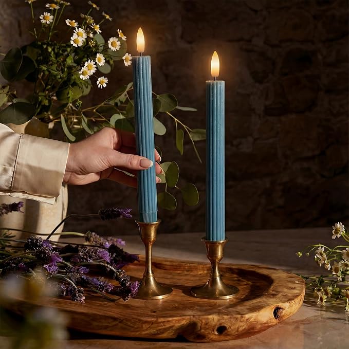 6 Pack, 10" LED Flameless Real Wax Blue Fluted Ribbed Grooved Taper Candles, Remote & 24h Timer Memory, On/Off Button, Dimmable, Flicker Mode, Battery Operated, Wedding