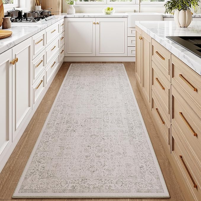 PureCozy Gray Runner Rug 3x7 Hallway Machine Washable Kitchen Vintage Distressed Non Slip Long Carpet Indoor Grey Retro Floral Bedroom Accent Throw Rug for Bathroom Office Laundry Dining Living Room