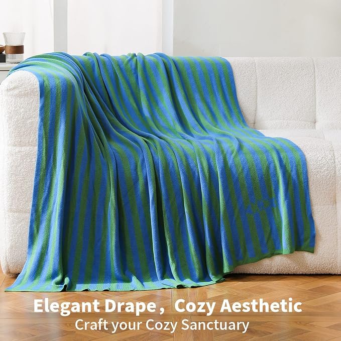 BOV Knit Thin Blankets for Summer - 100% Viscose Super Soft Breathable Decorative Throw Blanket for Chair Couch Sofa Bed, Perfect Self Care Gifts for Women & Men, Kelly Green & Cobalt Stripe 50"x60"
