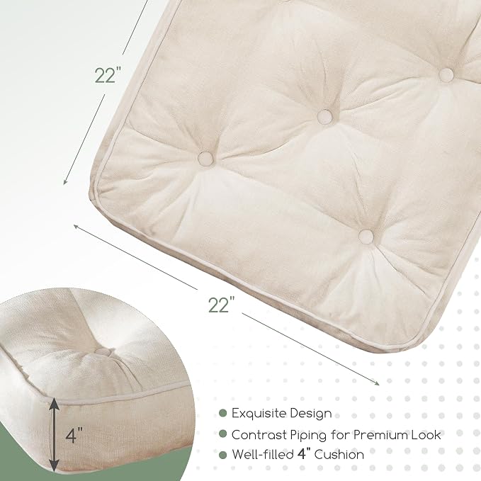 HIGOGOGO Large Floor Pillow Cushion for Adults, Meditation Cushion Pillow with Handle, Lustrous Chenille Tufted, Square Floor Sitting for Tatami Living Room or Yoga, 22x22 Inch, Beige