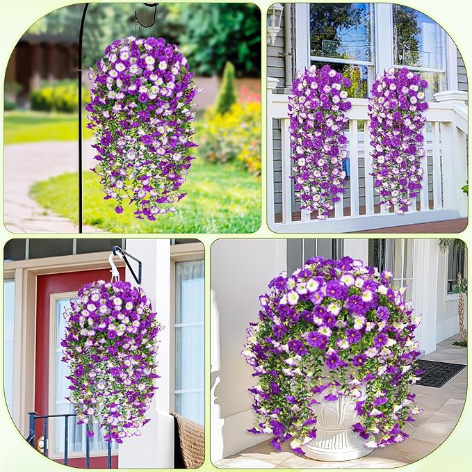 Dolicer 4 Packs Look Real Artificial Flowers for Outdoors, Fake Artificial Hanging Flowers for Outdoors Realistic UV Resistant Hanging Flowers Silk Petunia Faux Flowers for Porch Patio (Mixed Purple)