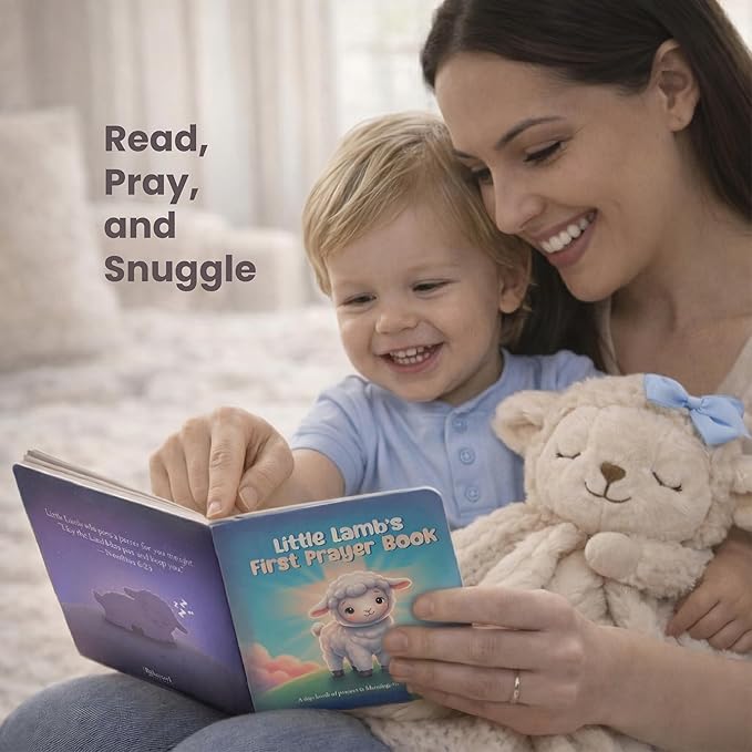 Baptism Gift for Boy Baptism Set with 10" Praying Lamb Plush Toy with Blue Bow, Bamboo Muslin Blanket & First Prayer Book, Ready to Gift Keepsake Box