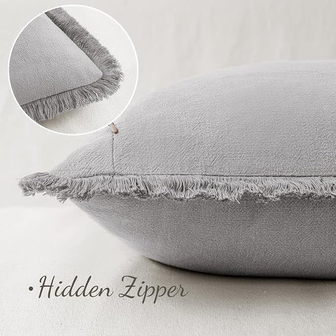 MIULEE Decorative Throw Pillow Covers Neutral Linen Fringe Throw Pillows Set of 2 Light Grey Boho Farmhouse Cushion Covers with Tassels for Couch Sofa Bed Living Room Spring Home Decor 18x18 Inch