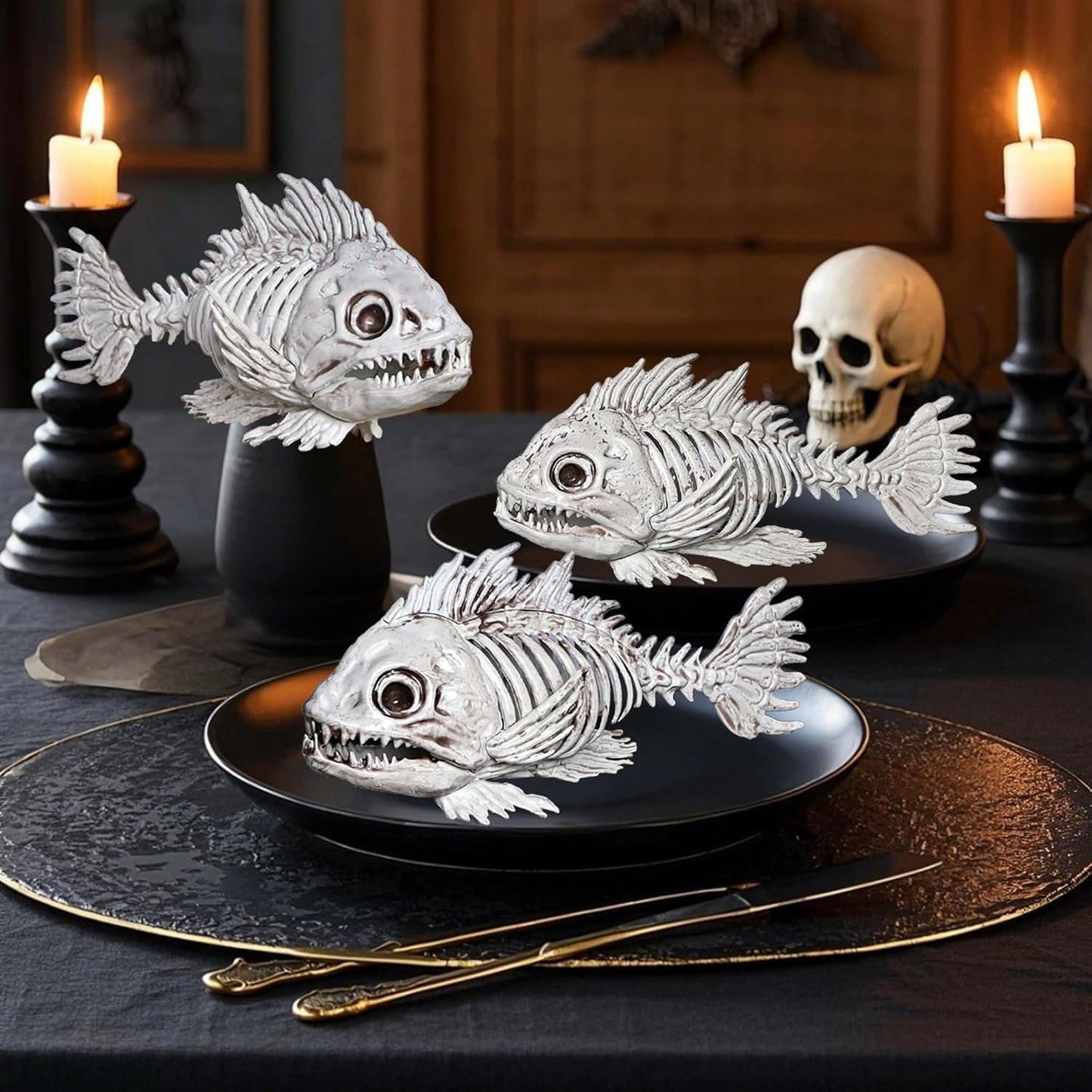 DR.DUDU 3 Pack Skeleton Fish Halloween Decor, Animals Skeleton Decorations Plastic Skull Fish Bones Figure Decor for Outdoor Indoor Bedroom Tank Party Props