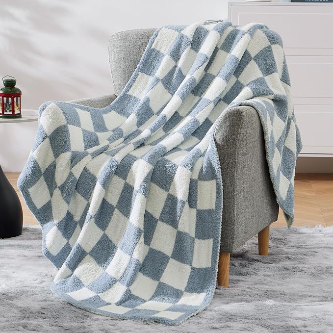 WRENSONGE Soft Twin Size Checkered Blanket for Bed-Cozy Knitted Blankets | Lightweight Fluffy Warm Decor for Women, Mom, Her & Girls, Sofa, Chair, Couch, 60x80in,Grey Blue
